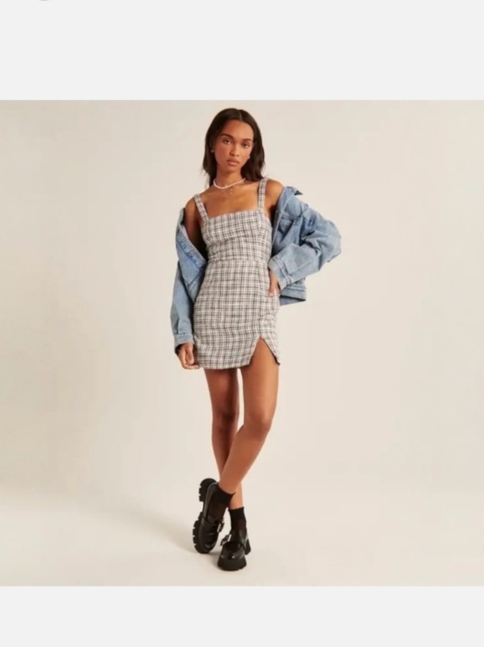 Abercrombie Tweed Plaid Mini Dress SMALL TALL Cotton Quiet Luxury, Square Neck